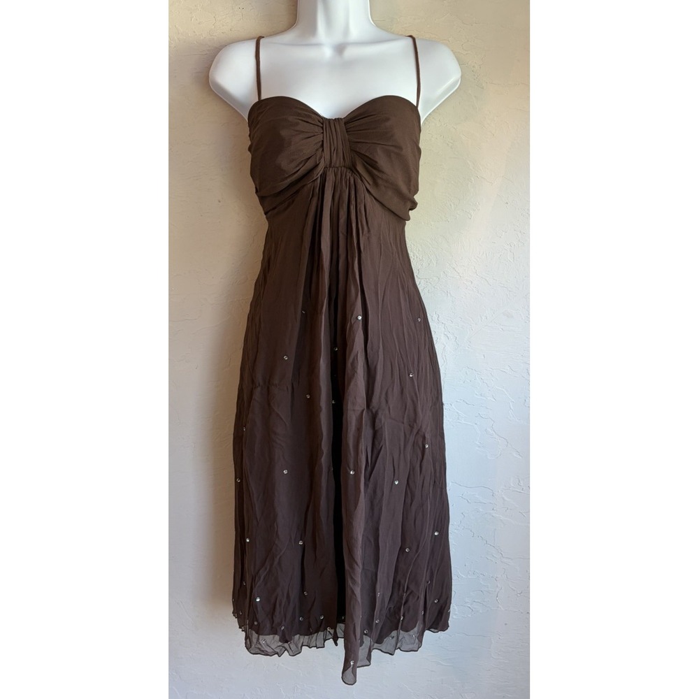 Vintage 90s Y2K 100% Silk Midi Babydoll Dress 14 Brown Fairy Sequin Whimsigoth